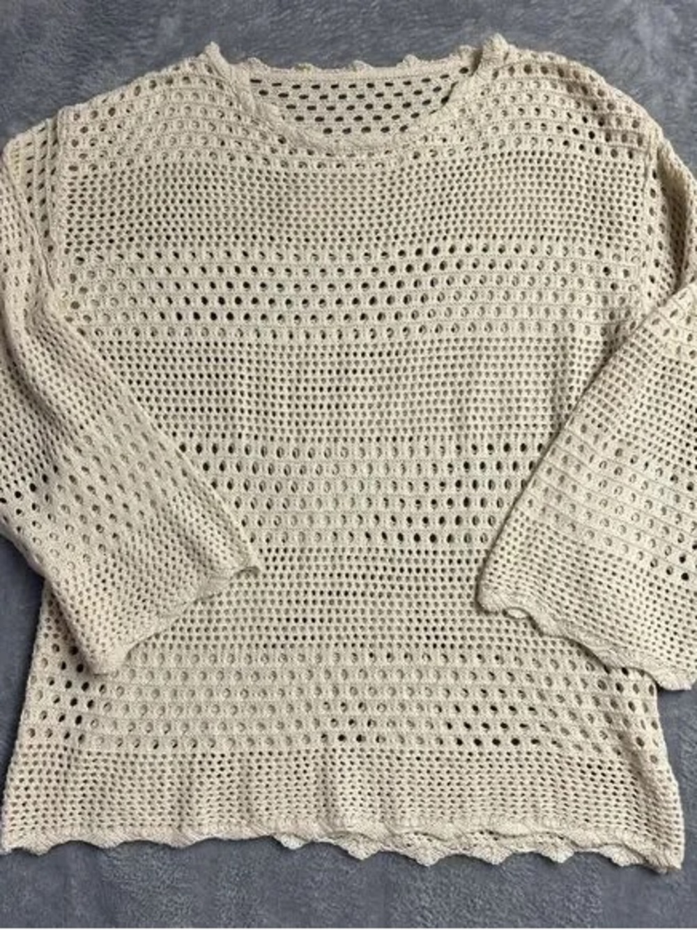 Light Cream Open-Weave Scoop Neck Sweater - Feminine Crochet Pullover
